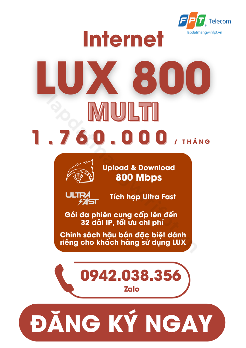 dịch vụ internet lux 800 multi tích hợp ultra fast, và cung cấp đến 32 dải IP, giá chỉ từ 1.760.000 / tháng, chính sách hậu bán